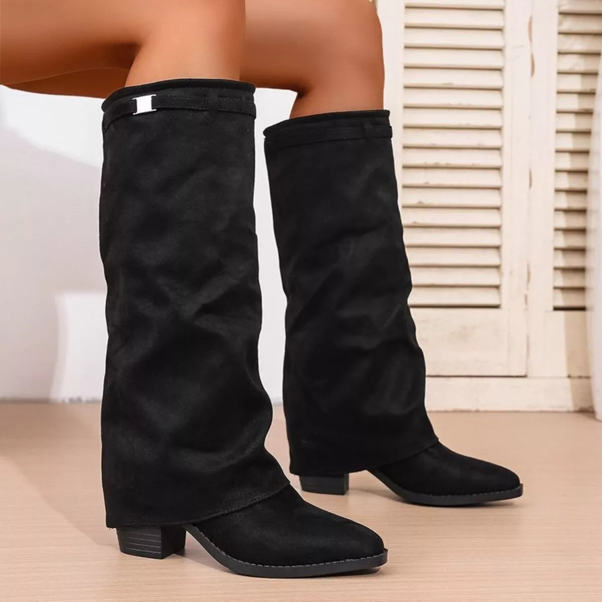 Modern Versatile Point Toe Block Heels Knee High Boots for Women
