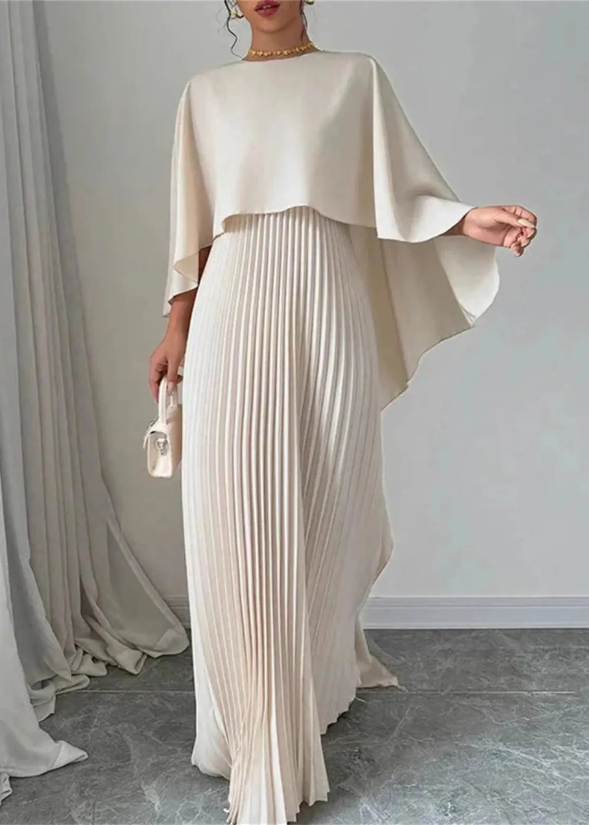 Women’s Pleated Cape Overlay Maxi Dress Elegant Evening Wear