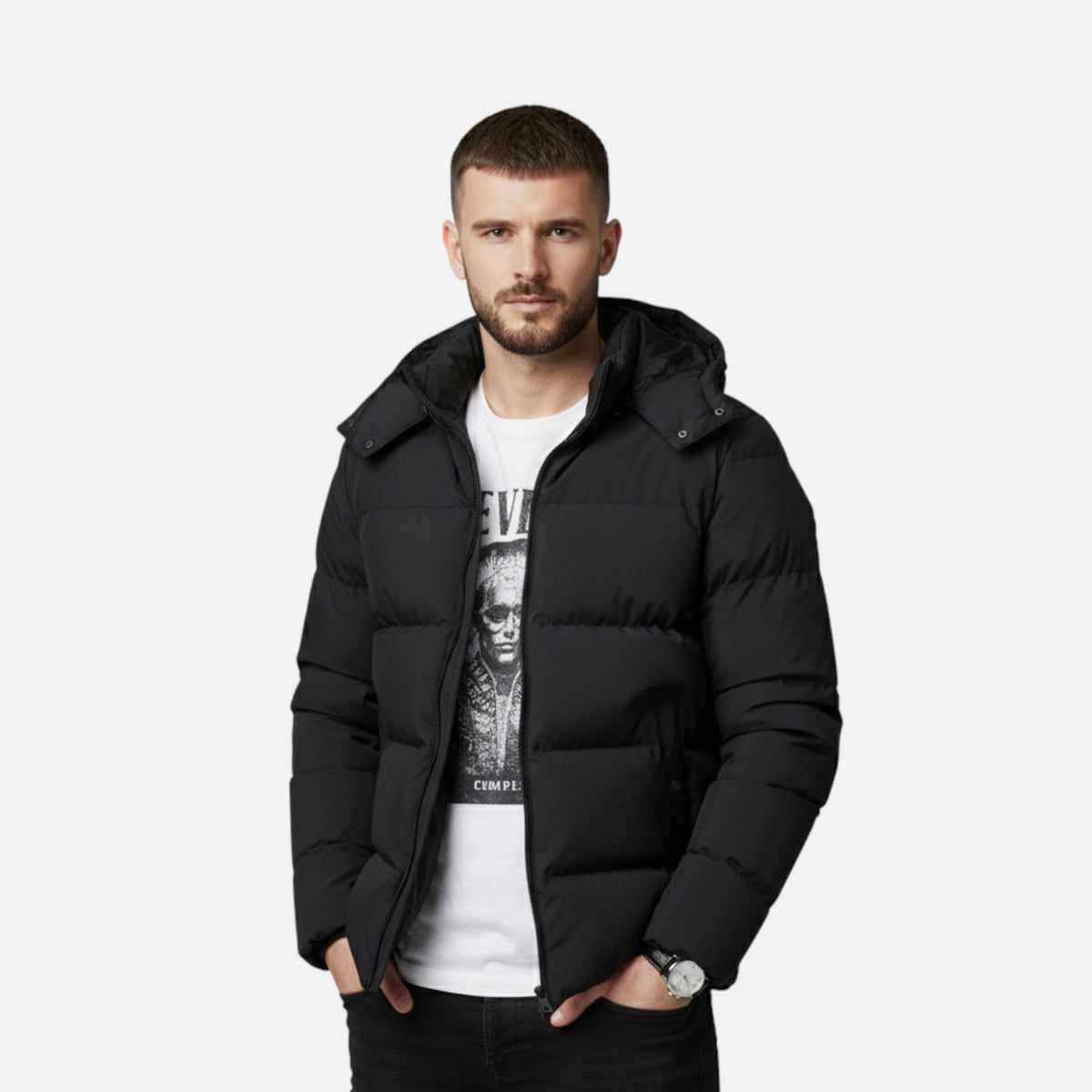 Timeless Men's Winter Hooded Layer Puffer Jacket for Cold Weather