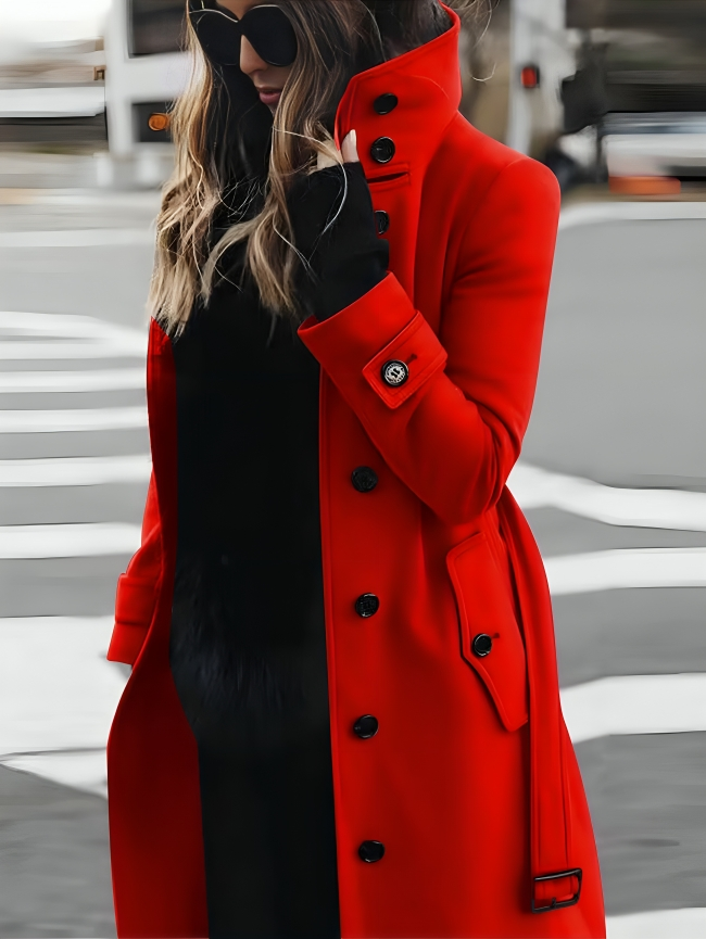 Women's Timeless Sleek High Collar Long Coat with Pockets and Tie-belt Waist