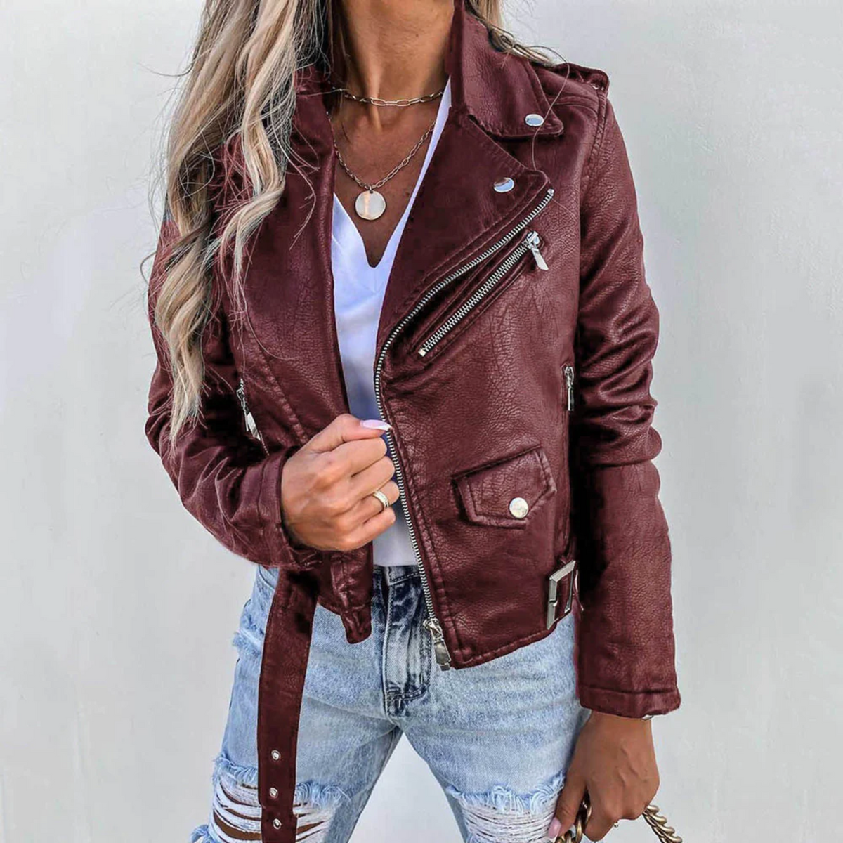 Women's Exquisite Belted Rider Jacket with Multiple Zipper Pockets and Stand-Up Collar