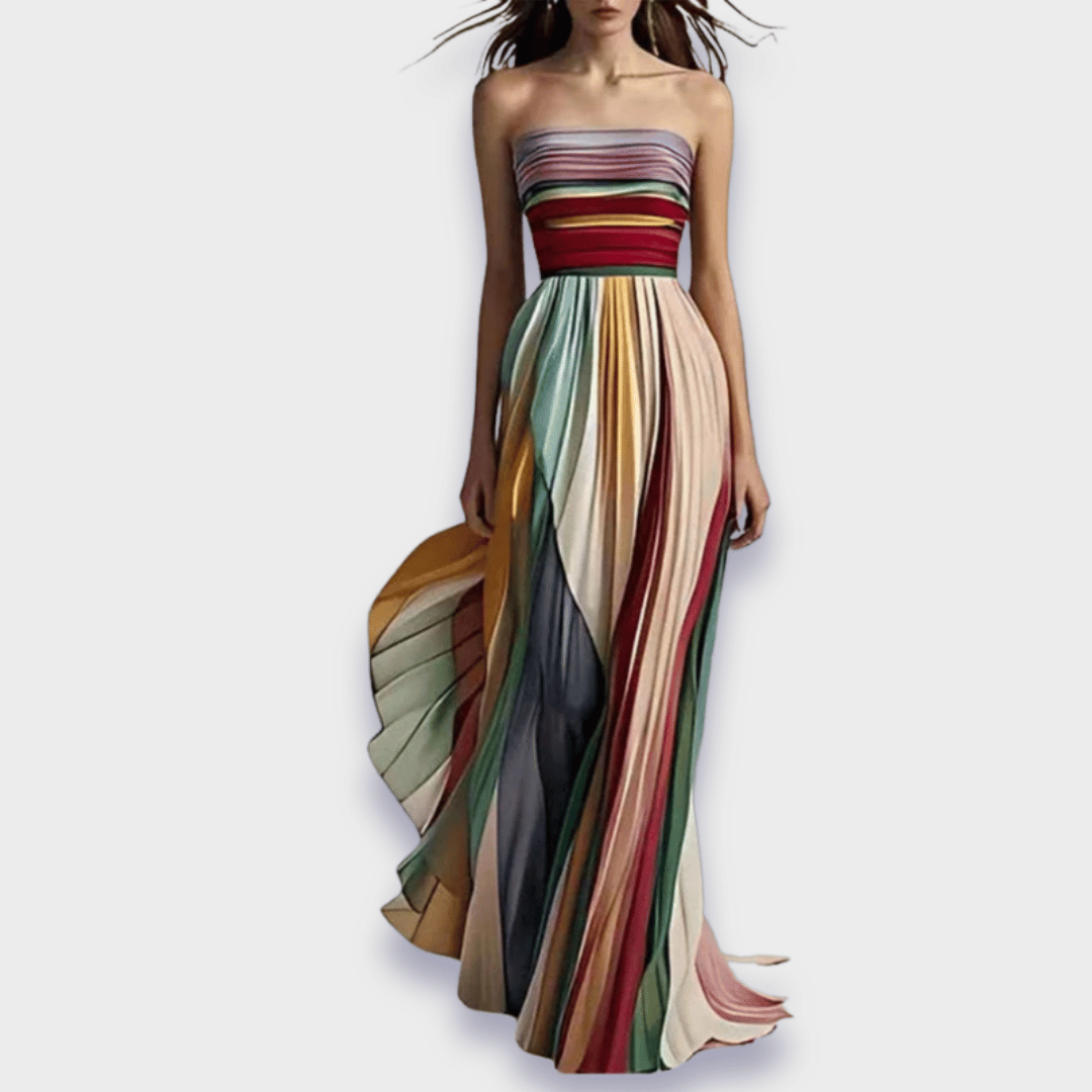Women's Elegant Vibrant Pleated Maxi Dress with Bare-Shoulder Design