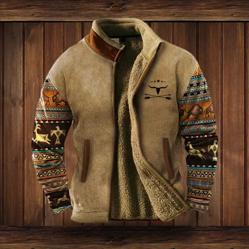 Winter Men's Casual Ethnic Western-Style Jacket with Fleece Lining for Outdoor Outings
