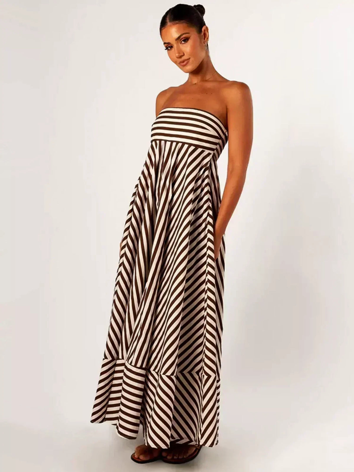 Elegant Strapless Diagonal Stripes Maxi Dress for Women