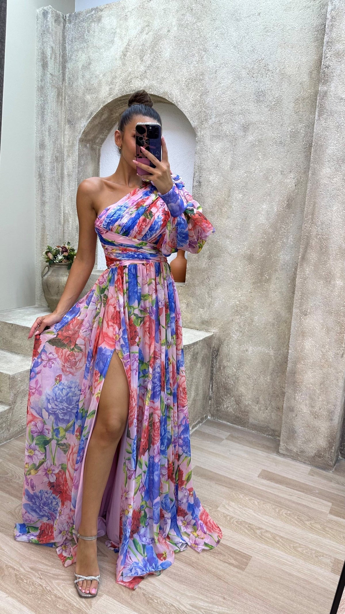 Women's Elegant Floral Multicolor Flowy Summer Dress with One-Shoulder Neckline