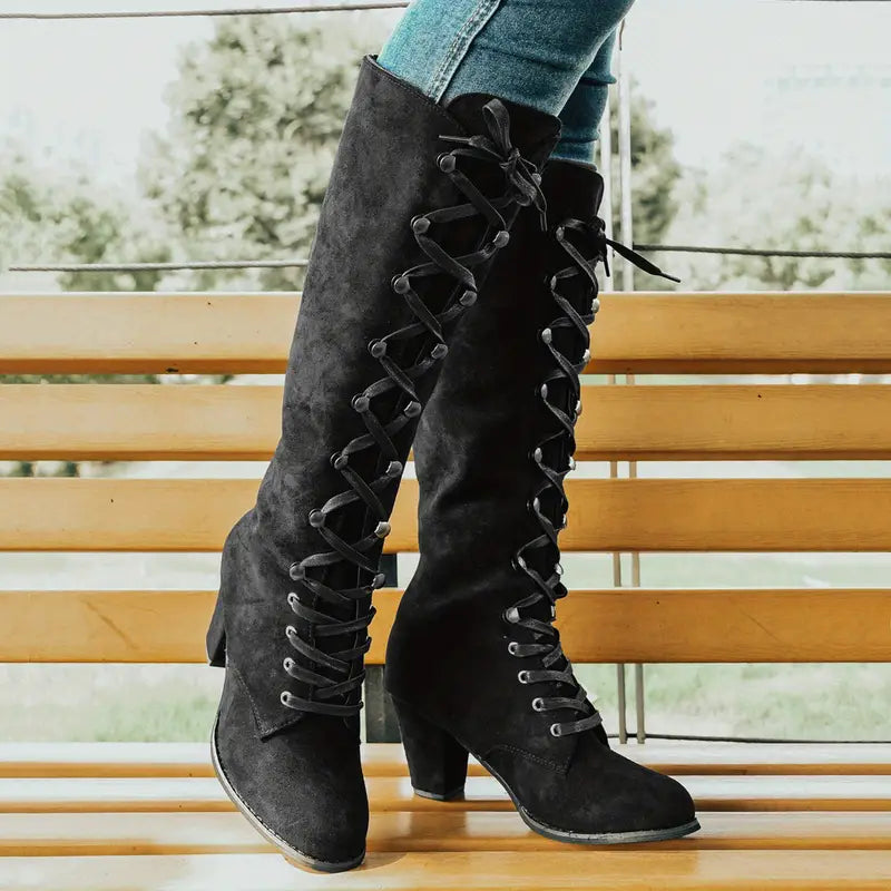 Modern Adjustable Lace-up Block Heel Knee-High Boots for Women