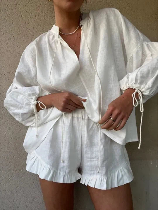 Women's Ruffle Two-Piece Lounge Set with Adjustable Tie Sleeves